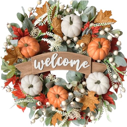 24 Inch Fall Pumpkin Maple Leaves for Front Door, Autumn White Or...