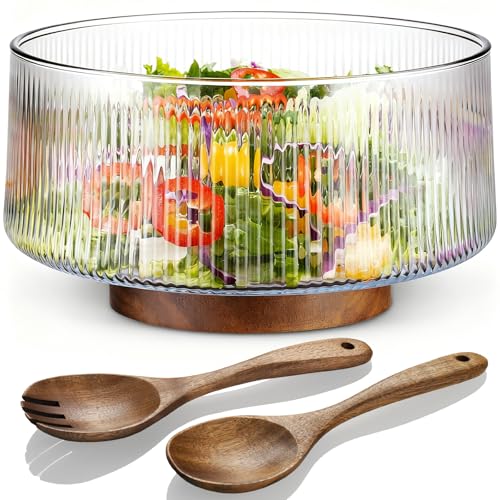 NiHome Extra Große Salatschüssel aus Glas mit Akazienholz-Boden & Holzservierbesteck