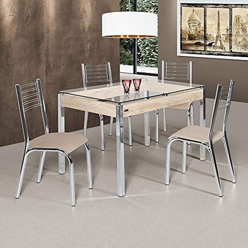 Conjunto de Mesa com Tampo de Vidro 4 Cadeiras Camila Ciplafe Cromado/linho Bege