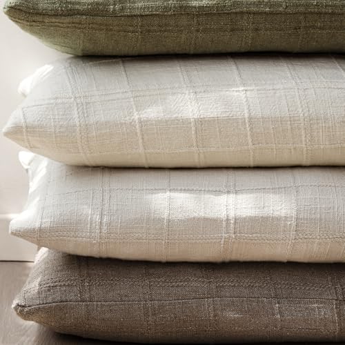 Image of Foindtower Set of 1 Decorative Linen Check Throw Pillow Cover Neutral Farmhouse Vintage Cushion Cover Modern Boho Home Decor for Sofa Chair Couch Bedroom Living Room,16x16 Inch,Taupe Grey