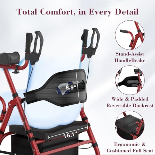 Image of Upright Rollator Walker, Heavy Duty Stand Up Walkers for Seniors with Seat and Reversible Backrest, Foldable Standing Rollator with 8 inch Anti-Slip PU Wheels, Red