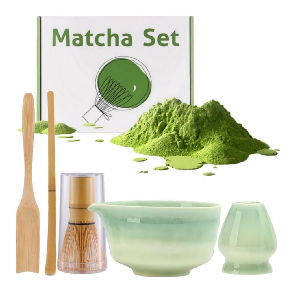 5 Piece Matcha Tea Kit, Matcha Whisk Set with Bamboo Whisks and Ceramic Bowl, Scoop, Whisk Holder, Starter Kit for Handcrafted Matchas Powder Making Tools for Beginners, Gradient Green