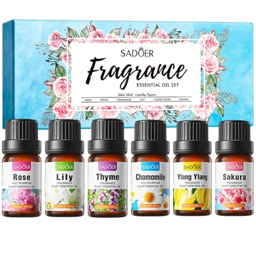 Floral Essential Oils Set, Pure Fragrance Oil Gift Set, Aromatherapy Oil, Premium Scented Oils for Diffusers for Home 6x10ml - Rose, Sakura, Lily, Chamomile, Thyme, Ylang Ylang