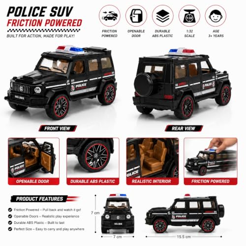 Image of 1:32 Scale G-Wagon Police Toy Car - Friction Powered ABS SUV with Openable Doors - Mini Collectible Police Vehicle for Kids, Boys & Enthusiasts (Black)
