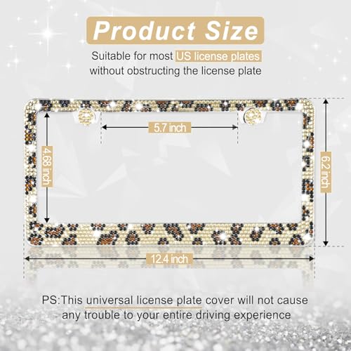 Image of Amiss Bling License Plate Frame for Women, 2Pack Rhinestone Handcrafted Crystal Premium Stainless Steel, Stainless Steel Car Decorative Accessories with Diamond Sparkle Glitter Caps (Leopard Print)