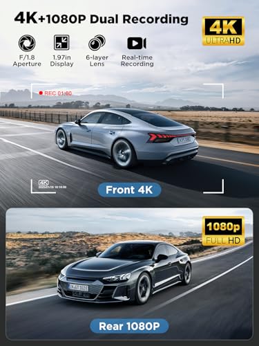 SAVUSCAM Dash Cam 4K + 1080P, WiFi Dash Cam Front and Rear, 64GB SD Card Included, Dual Car Camera Dashcam with Night Vision, WDR, 170° Wide Angle, G-Sensor, App Control, Loop Recording - 2