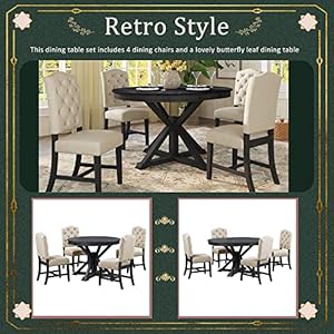 Retro 5 Piece Round Dining Table Set with Extendable Table and 4 Comfortable Upholstered Chairs Solid Wood Kitchen Dining Room Functional Furniture Set for 4 Persons EspressoGrey