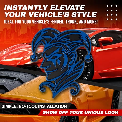 Image of Joker Emblem 3D Jester Badge - Custom Car Decal Sticker for Car, Truck, SUV - Durable Exterior Trunk, Hood, Fender (Set of 2) (Blue)