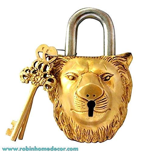 Robin Exports Working Functional Lion Brass Padlock Lock with Keys (Gold, 5.5 Inches, 14 cm)