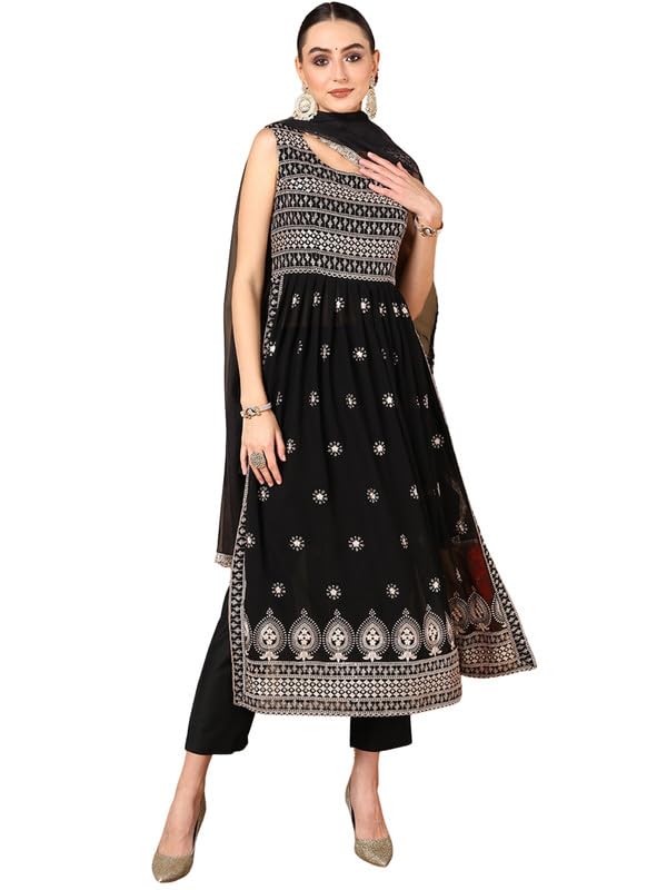 Image of Vaamsi Women's Poly Georgette Solid Embroidered Straight Kurta Pant With Dupatta With Inner