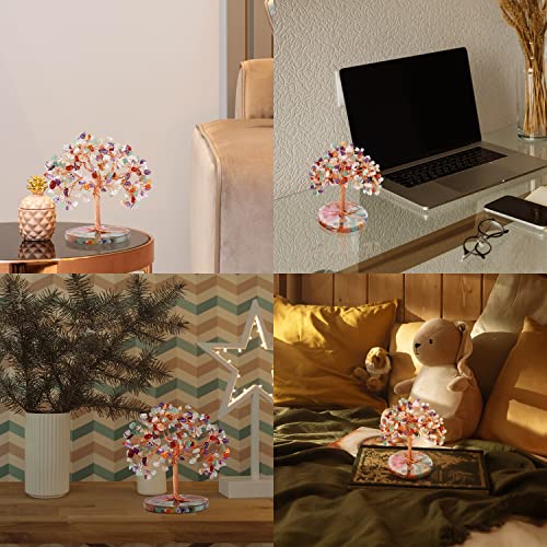 Zenbless 7 Chakra Healing Crystals Stones Tree, Colorful Crystal Stone Leaf Wire Wrapped On Natural Agate Slice Base, Home Office Desk Living Room Feng Shui Decoration For Wealth And Luck #TOP3