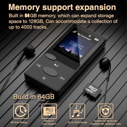 Image of 64GB Mp3 Player with Bluetooth 5.3 HiFi Sound, Mp3 Player with FM Radio, Mini Music Player for Kids Adults, Earphones Included, TF Card can be Inserted
