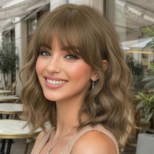 Nnzes Brown Wigs for Women 16 Inch Synthetic Short Curly Wig with Bangs