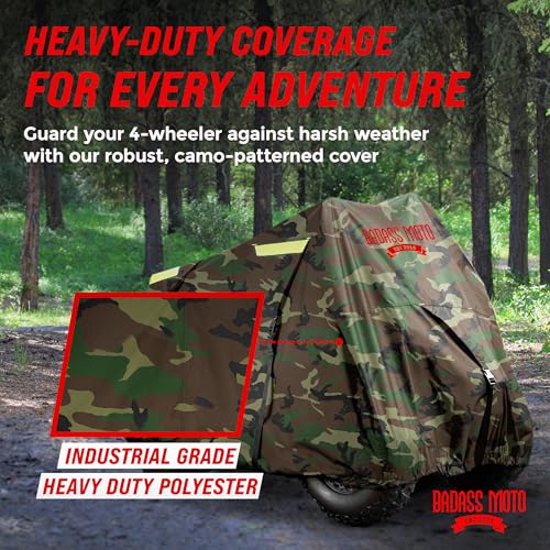Image of Badass Moto Gear ATV Cover CAMO MEDIUM | Easy access zipper, camo four wheeler quad cover, fits ATVs like Polaris Sportsman 450 H.O, Suzuki KingQuad 400 & KFX 700
