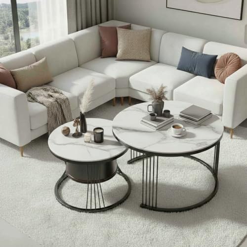 Image of Round Coffee Table Set of 2 for Living Room Wooden Top with Gold Metal Frame Modern Nesting Center Table for Sofa Area Home & Office Furniture (Black White)