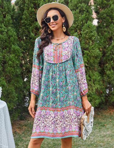 Image of Bluetime Women Casual Summer Dress Boho V Neck 3 /4 Sleeve Babydoll Floral Print Flowy Beach Dress