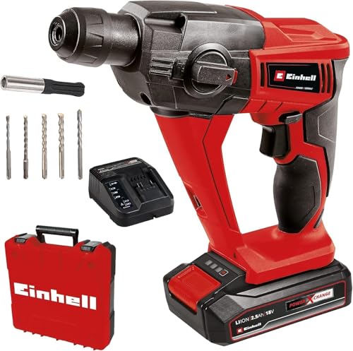 Einhell Martillo Perforador Con Batería Te-Hd 18 Li Kit Power X-Change 18 V, 1,2 J, Sds-Plus, 12 Mm Potencia De Perforación Hormigón, Incl. Batería 2,5 Ah, Cargador, 5 Brocas, Maletín