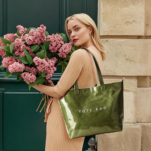 Image of KALIDI PVC Zipper Tote Bag, Jelly Kraft Paper Beach Bag Large Hobo Carry All Travel Shopping Handbag Plastic Shoulder Bag