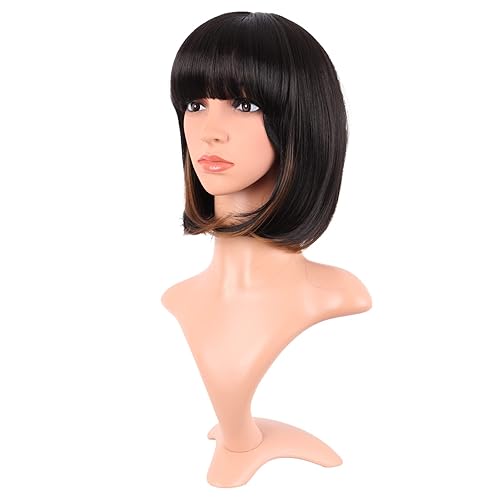 Miniatura 3 de MapofBeauty 12 pulgadas/11.8 in moda señora recta recta sintética flequillo Bob peluca (negro mezclado marrón)