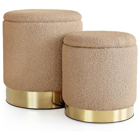 INSPI DECOR Set of 2 Storage Ottoman, Round Ottoman with Storage,Teddy Fabric Storage Ottoman for Living Room, Storage Ottoman for Bedroom, Gold Ottoman with Storage-Brown Cover