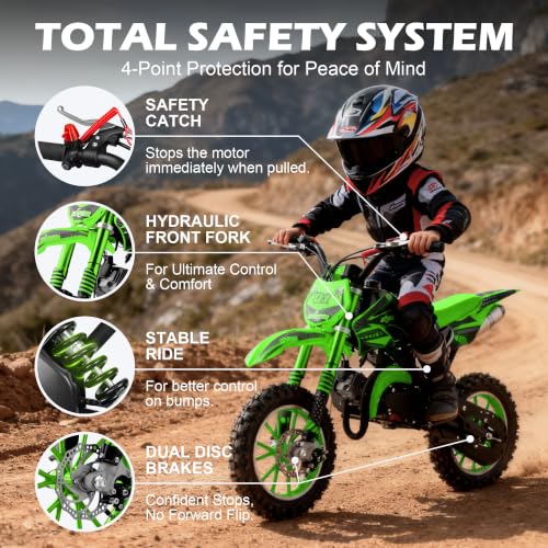 Image of Kids 50cc Dirt Bike,2-Stroke Gas Mini Bike,Green,2026 Upgraded | Kids Dirt Bike for 8-14 with Front Rear Disc Brakes,10In Off-Road Tires,Shock Absorption,Seat Height 23.6in,Max Speed 40Mph