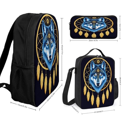 Casual Lightweight Boho Totem Native American Wolf Dream Catcher Backpack for Adults, Pencil Pouch Easy to Clean, Lunch Bag with Adjustable Shoulder Strap2