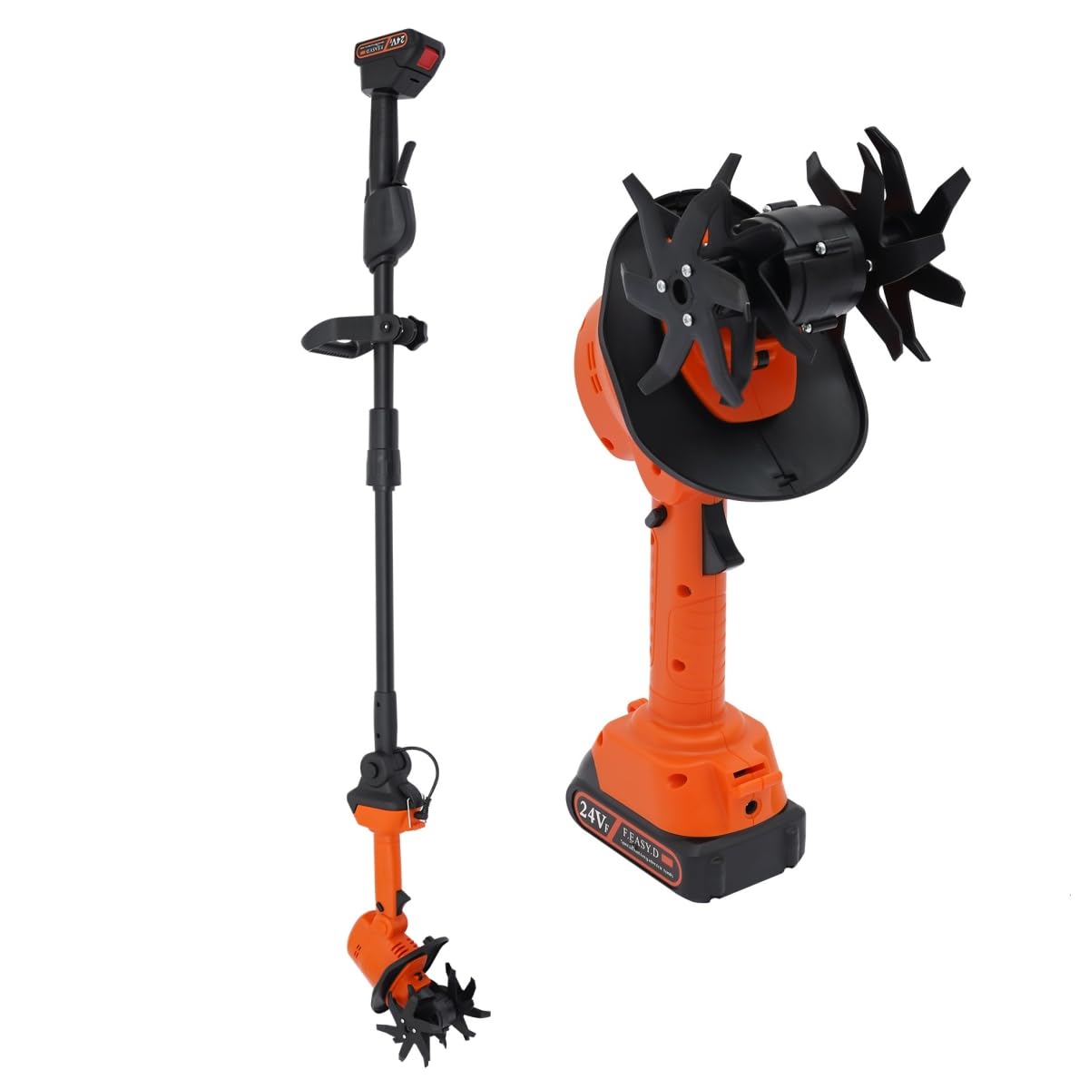 MIIWWOWO Cordless Tiller Rotavator Electric Garden Cultivator Tiller Battery Powered, Handheld Tiller Cultivator with Pole 130cm for Soil Tillers Rototiller, 10cm Tilling Width/Depth