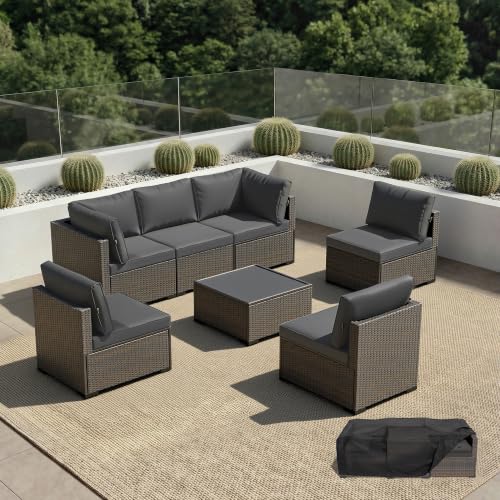 LAWNOOK Patio Furniture Set - All-Weather - 7 Piece Patio Outdoor Conversation Set, Modular Wicker Rattan Sectional Sofa for Backyard, Garden, Poolside, Balcony, Porch, Patio, Brown/Dark Gray