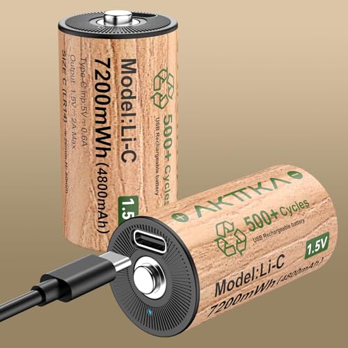 AKTTKA 2本セット 充電式単二リチウム電池、1.5V 7200mWh、4-in-1ポートUSB-C充電ケーブル付属、低自己放電,懐中電灯、CDプレーヤー、子供用おもちゃなどに適しています