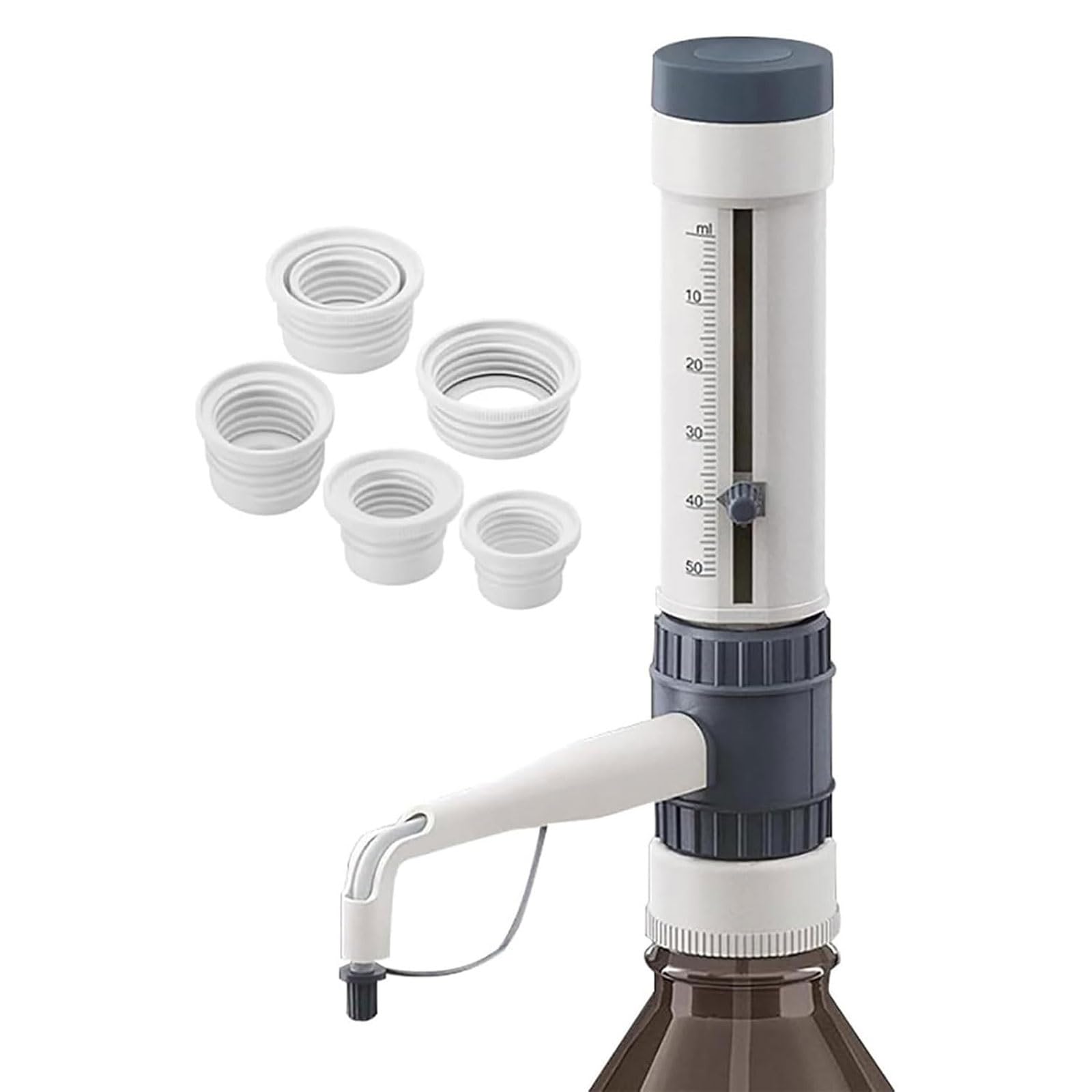 Flaschenaufsatz-Dosiergerät for Labore, Dosiergerät for Flüssigkeiten mit 5 Flaschenadaptern in verschiedenen Größen, max. Druckbeständigkeit 500 mbar(2.5-25ml)