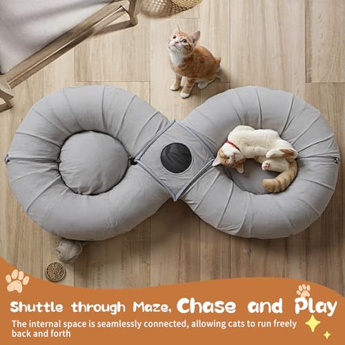 Image of Pawaboo 2-in-1 Cat Tunnel Bed for Indoor Cats, 8-Shaped Large Cat Tunnels with Plush Cushions, Foldable Cats Cave Hideout Kitty Toys with Fluffy Balls, Donut Tunnel for Kitten Rabbit Ferret, Grey