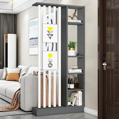 Columna Divisoria Independiente con Estantes – Biombo Moderno de Madera con Almacenamiento para Entrada y Pasillo, Separador de Ambientes del Suelo al Techo, Montaje Fácil(Gray+White,80cm)