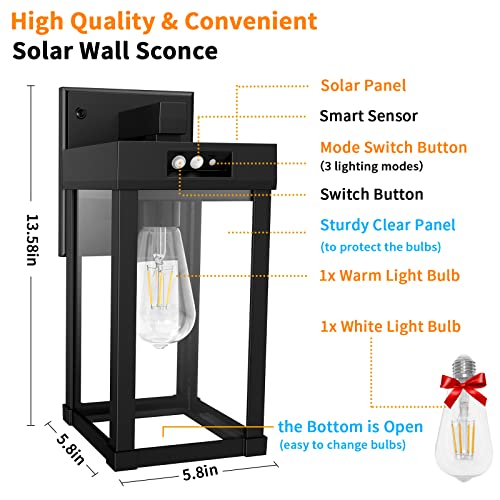 Solar Wall Lanterns Outdoor, Aqonsie Solar Sconce Lights Outdoor With 3200K Warm Bulb & 6500K White Bulb, Solar Wall Lights Waterproof With Clear Panel & 3 Lighting Modes For Garage Porch Patio Yard #TOP4