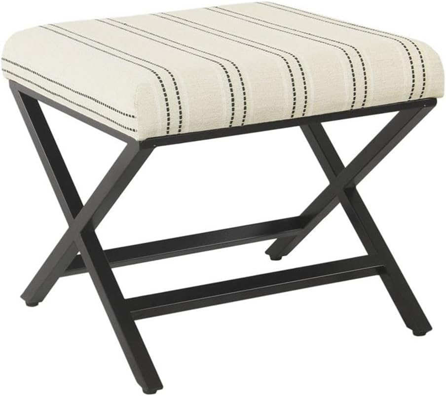 Pemberly Row Modern Metal and Fabric Stripe X-Base Ottoman, 18"H x 20"W x 20"D, Black Metal Frame with Black and White Woven Stripe Cushion, Industrial Style Small Ottoman for Living Room or Bedroom