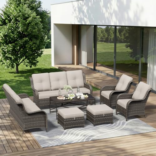 Image of 7 Piece Outdoor Wicker Patio Furniture Set, Patio Chairs Set with Thickened Olefin Cushions, High Back and Deep Seating, Hand-Woven PE Rattan, Ottoman for Porch, Deck