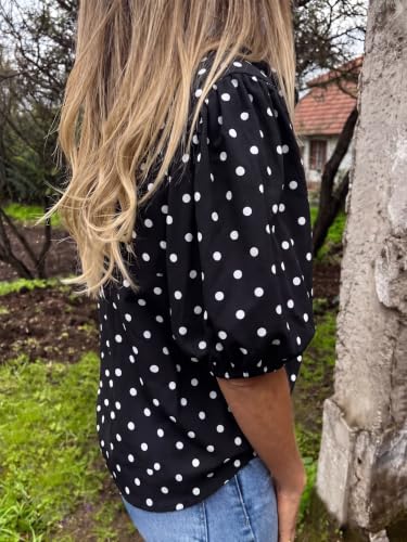 Image of Tankaneo Womens Button Down Shirts Puff Sleeve Tops Summer Cotton Blouses | Loose Fit, Boxy, Dressy Casual, Collared, Short Sleeve, Solid Color, Striped, Plaid, Polka Dots