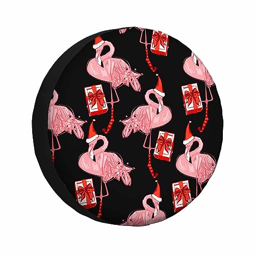Image of New Year Flamingo Spare Tire Cover Christmas Tropical Pattern with Present and Santa Hat Weatherproof Universal Wheel Protectors Camper Tire Covers for Trailer Rv Travel(17 inch)