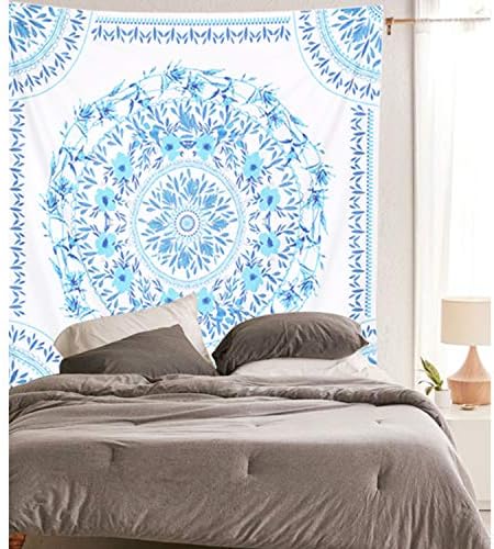 Simpkeely Mandala Tapestry Wall Hanging, Indian Bohemian Medallion Wall Tapestries Sketched Floral Art, Wall Décor for Dorm Bedding Room Living Room 59” x 80” - Sky Blue