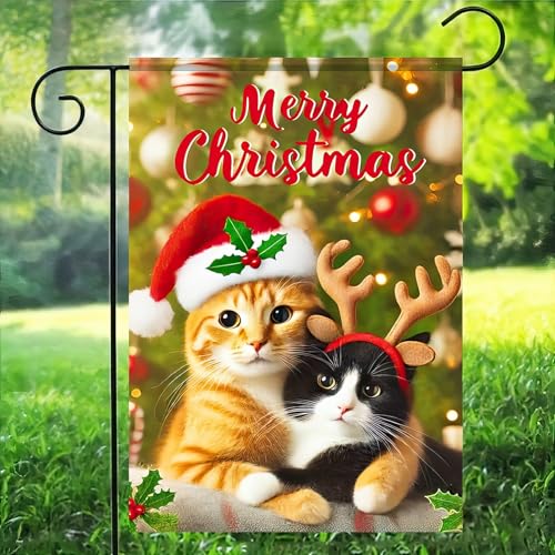 Image of BlissYard Christmas Cat Garden Flag 12x18 Inch Polyester | Double sided polyester, Christmas two cats reindeer hats design, cozy cat lover decor for holiday porch and yard