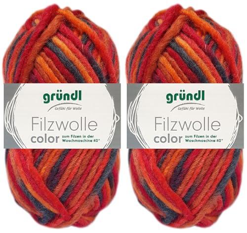 2x50 Gramm Gründl Filzwolle Color aus 100% reiner Schurwolle inkl. Anleitung für Topflappen (21 Rot Orange Schwarz Multicolor)