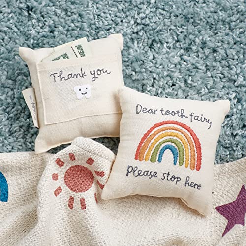 Image of Primitives by Kathy Tooth Fairy Pillow, 5x5-Inch Cotton Linen Keepsake with Back Storage Pocket, Embroidered Bright Rainbow Design