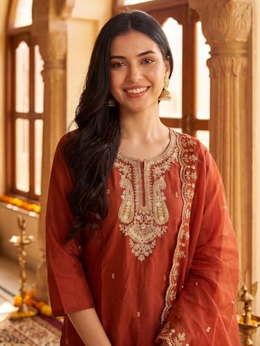 Image of INDO ERA Women's Silk Blend Embroidered Thread Work Kurta & Pant with Dupatta Set | Suit Set For Women