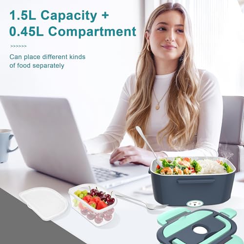 Image of Electric Heated Lunch Boxes Adults: 80W Electric Lunch Box Food Heated 12 /24 /110V 1.5L Heatable Lunch Box for Car /Truck /Office Leak-Proof Stainless Steel Container, Fork & Spoon, Bag (Grey+Green)