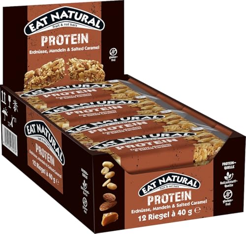 Eat Natural Frucht- & Nussriegel - Protein Erdnüsse, Mandeln & Salzkaramell - Proteinquelle, glutenfreier Snack - Perfekt für unterwegs. - 12x40 g