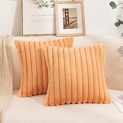 Image of Uhomy 2 Pack Orange Faux Fur Decorative Throw Pillow Covers Fuzzy Striped Soft Pillowcase Cushion Covers for Living Room Sofa Couch Bedroom, Orange 16x16 inch 40x40 cm