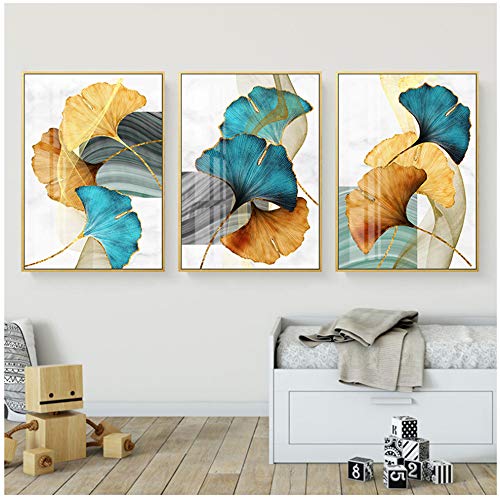 OUYIT Blue Green Yellow Gold Plant Leaf Abstract Poster Nordic Canvas Print Wall Art Painting Modern Picture Living Room Decoration 50x70cm Framed