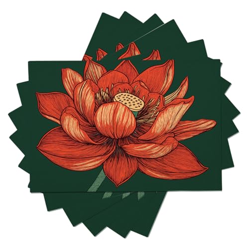 Arte Lineal Manteles Individuales de Algodón Lino - Loto Rojo de pétalos Largos Salvamanteles Individuales Antideslizantes Resistente al Calor Juego de 2 para Cocina, 30×45 cm