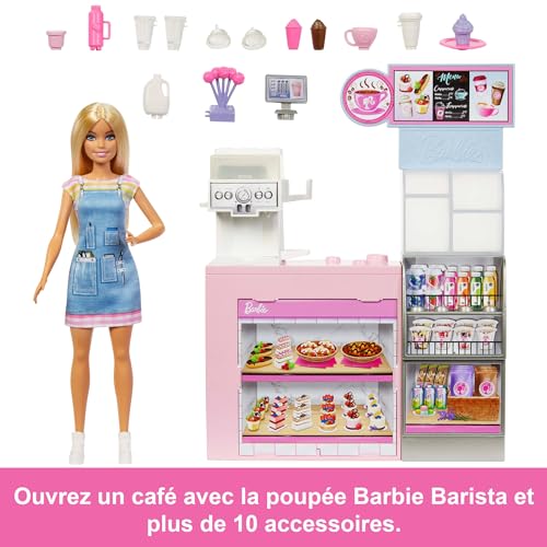 Barbie Coffret Pause Café avec poupée Barista Blonde et Plus de 12 Accessoires, Dont Une Machine à café/Smoothie, de la Nourriture, des Tasses et Bien Plus Encore, HXN94