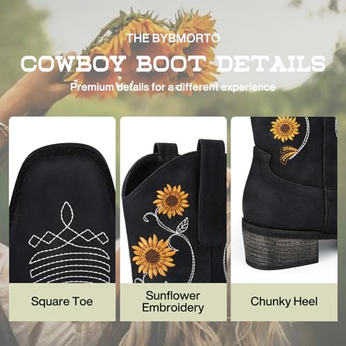 Image of Cowboy Boots for Women - Mid Calf Western Sunflower Cowgirl Boots with Floral Embroidery, Square Toe Stitched Pull On Retro Design, Perfect for Country Idyll, Concerts and More
