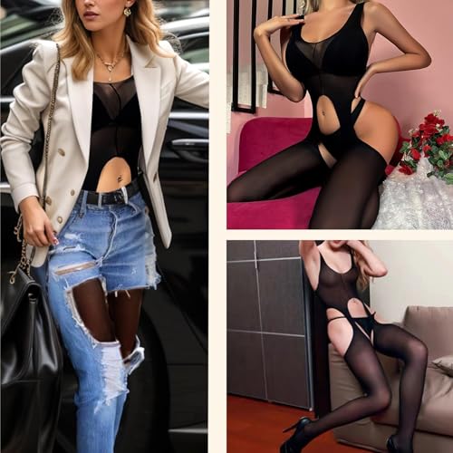 MIZSPISE Body Sexy Femme Bodystocking Tenue Hot Élastique Lingerie Nuisette Coquine Resille Vêtements de Nuit Bodysuit Combinaison sans Manches Taille Unique (body à bretelles, taille unique) – vue 6